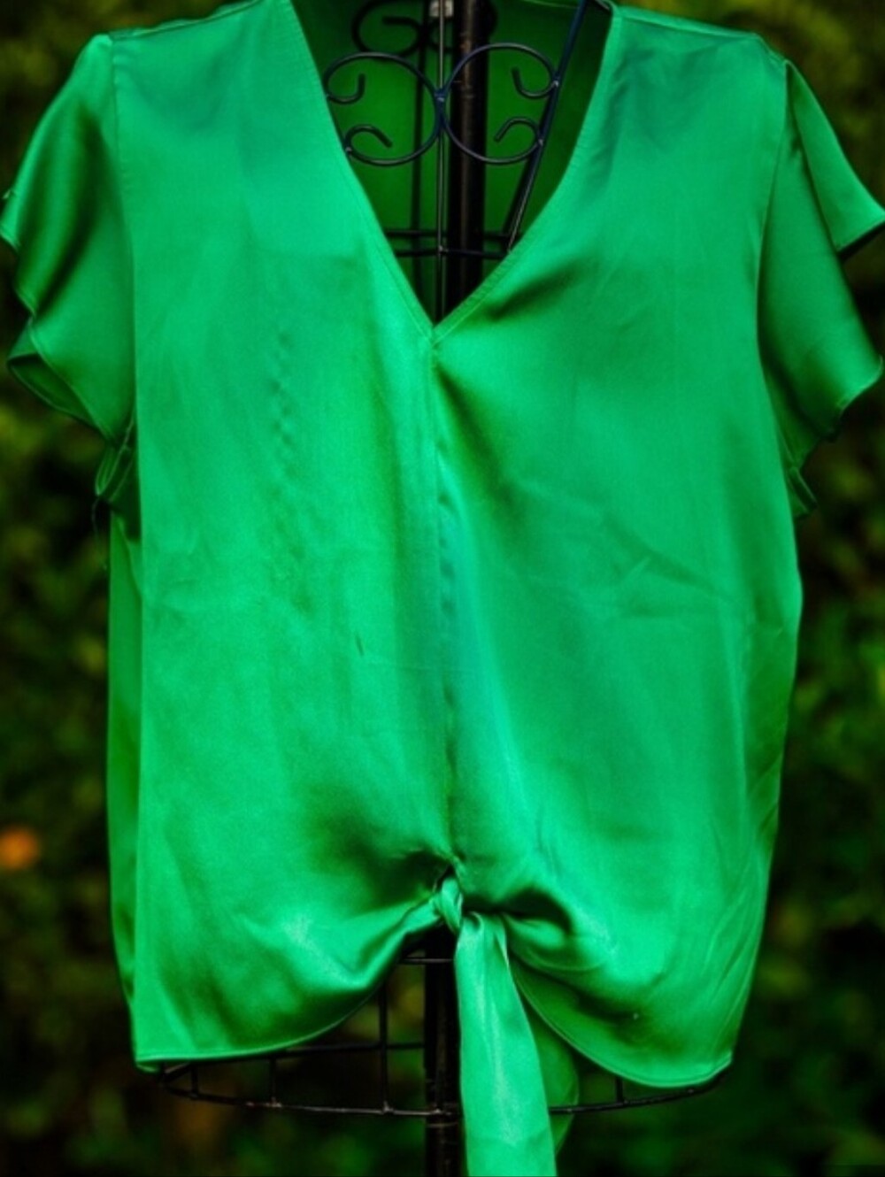 Bar III Emerald Green Satin V-Neck Tie-Front Top - Size Large - Picture 3 of 3